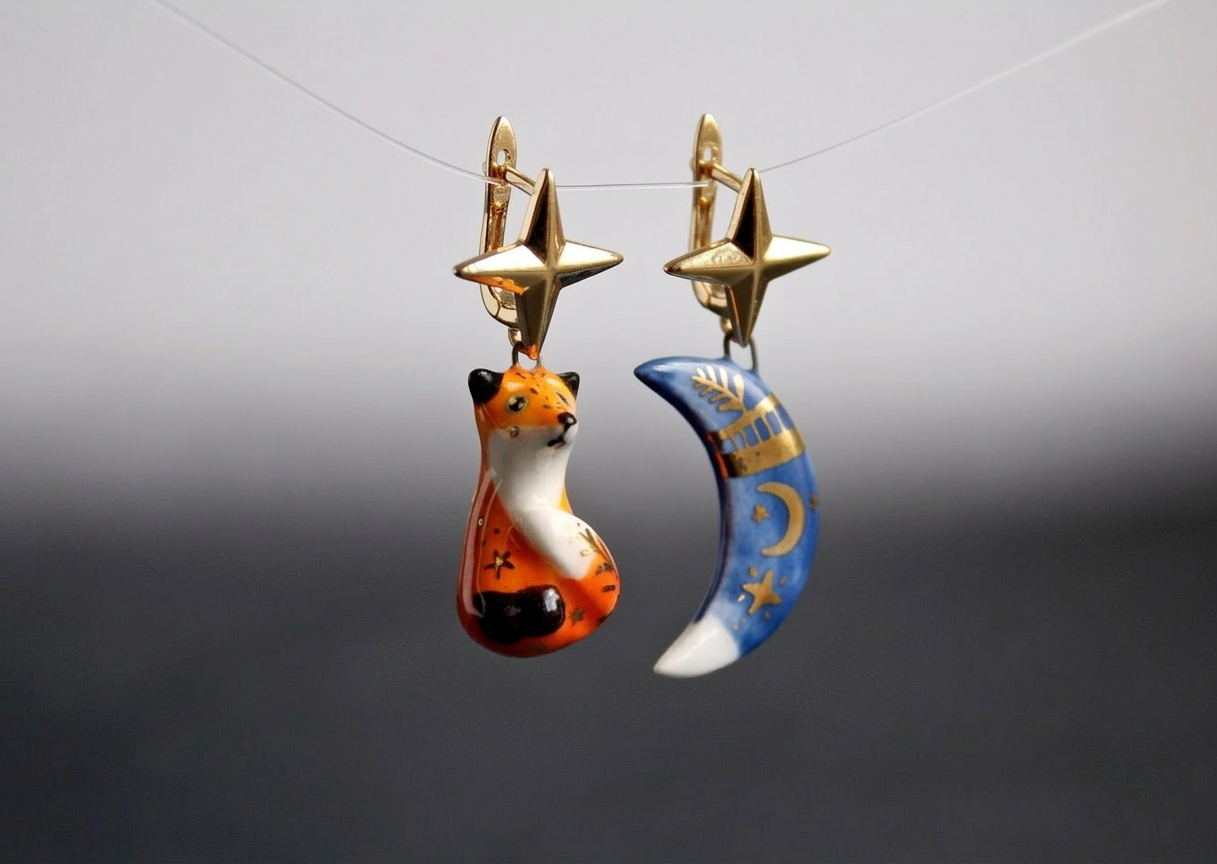 Kolczyki Lis i Księżyc z porcelany z autorskim malowaniem Kolczyki