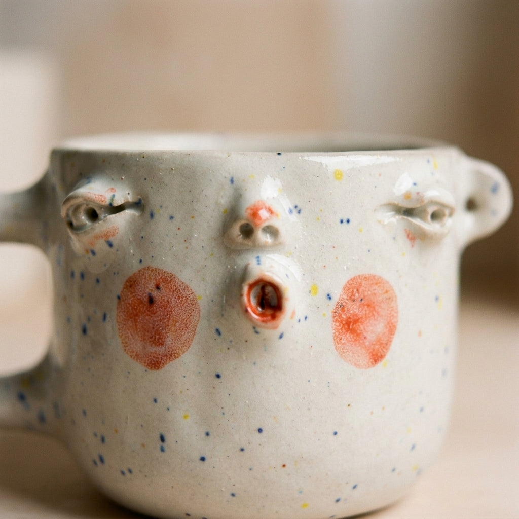 Ceramic mug with a face – white glaze, black handle and stripes