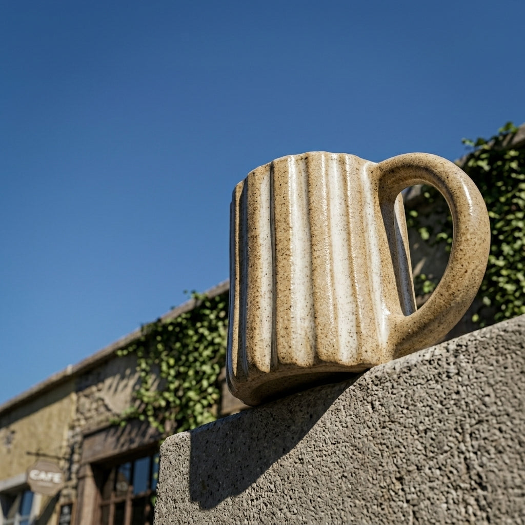 Kubek ceramiczny z pionowymi żebrami i białym szkliwem