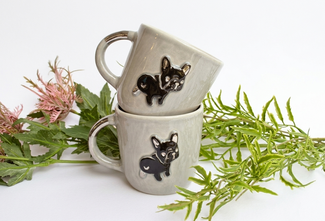 Kubek ceramiczny z Buldogiem Francuskim - ręcznie robiony czarno szary Ceramika