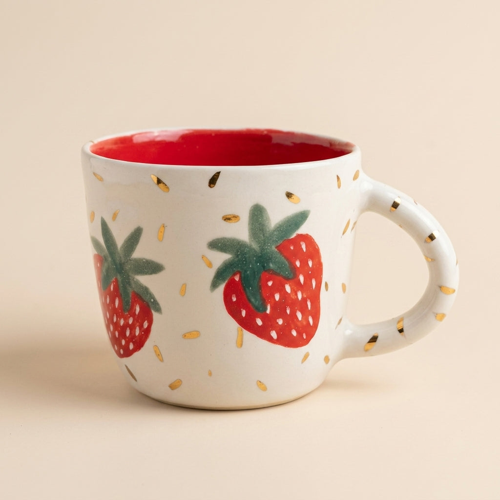 Kubek ceramiczny z truskawkami - ręcznie robiony