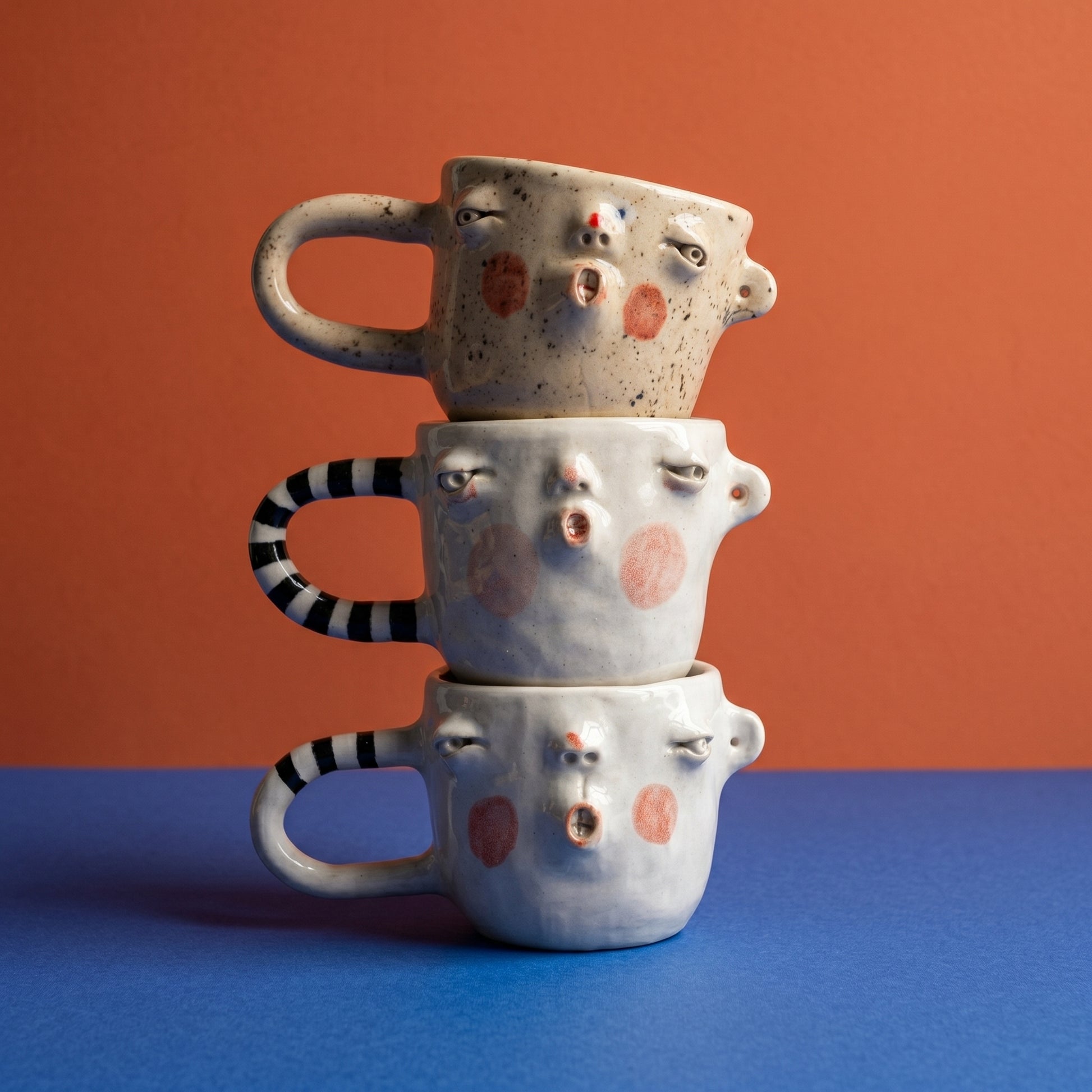 Kubek ceramiczny – twarz z czarno-białą pasiastym uchwytem Ceramika