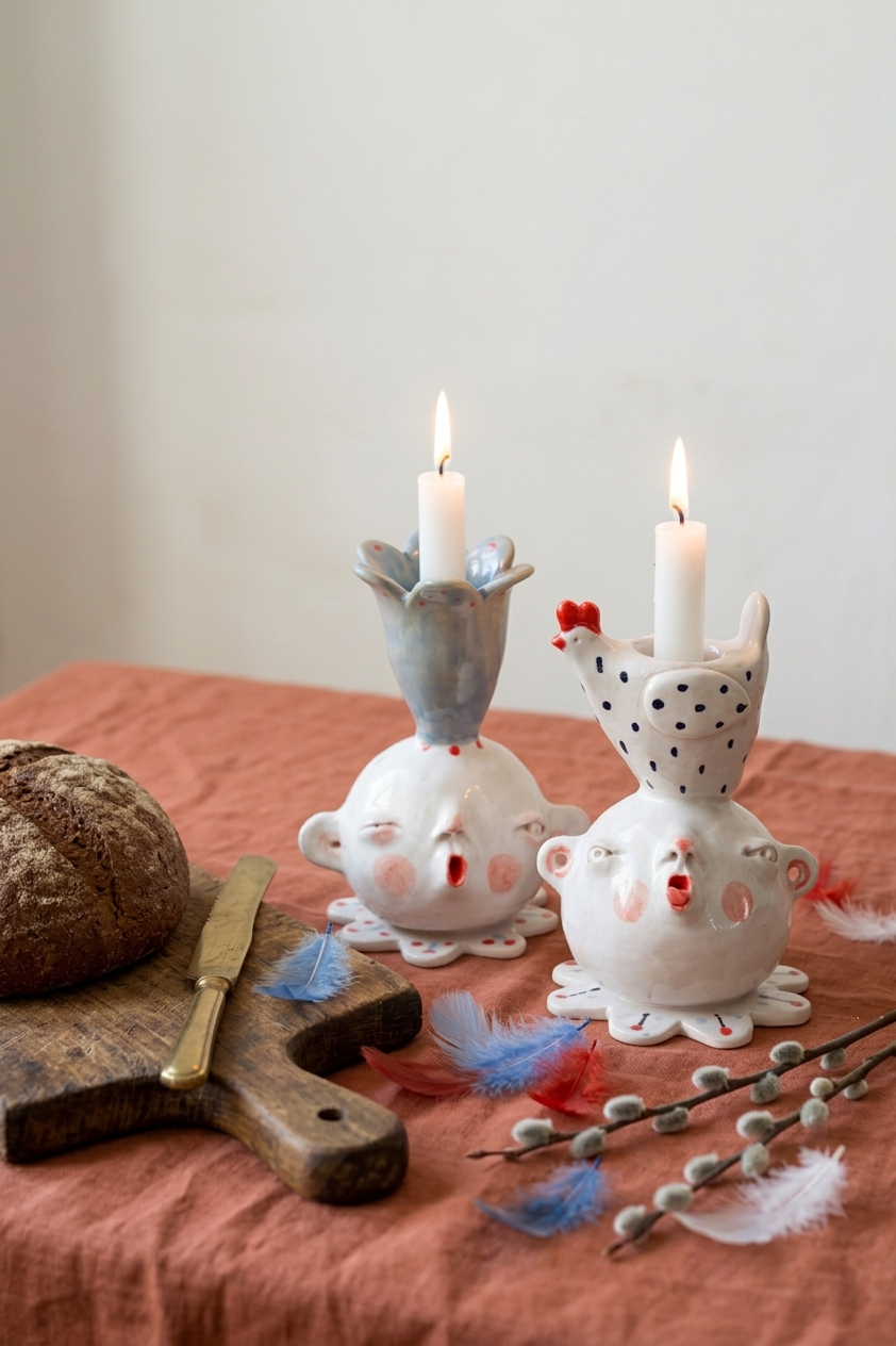 Świecznik ceramiczny Głowa z niebieskim kwiatem Ceramika