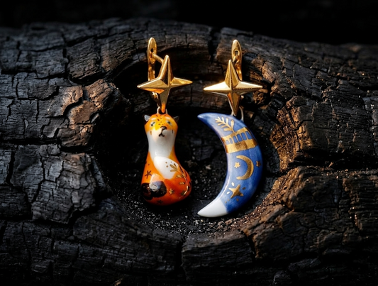 Kolczyki Lis i Księżyc z porcelany z autorskim malowaniem Kolczyki