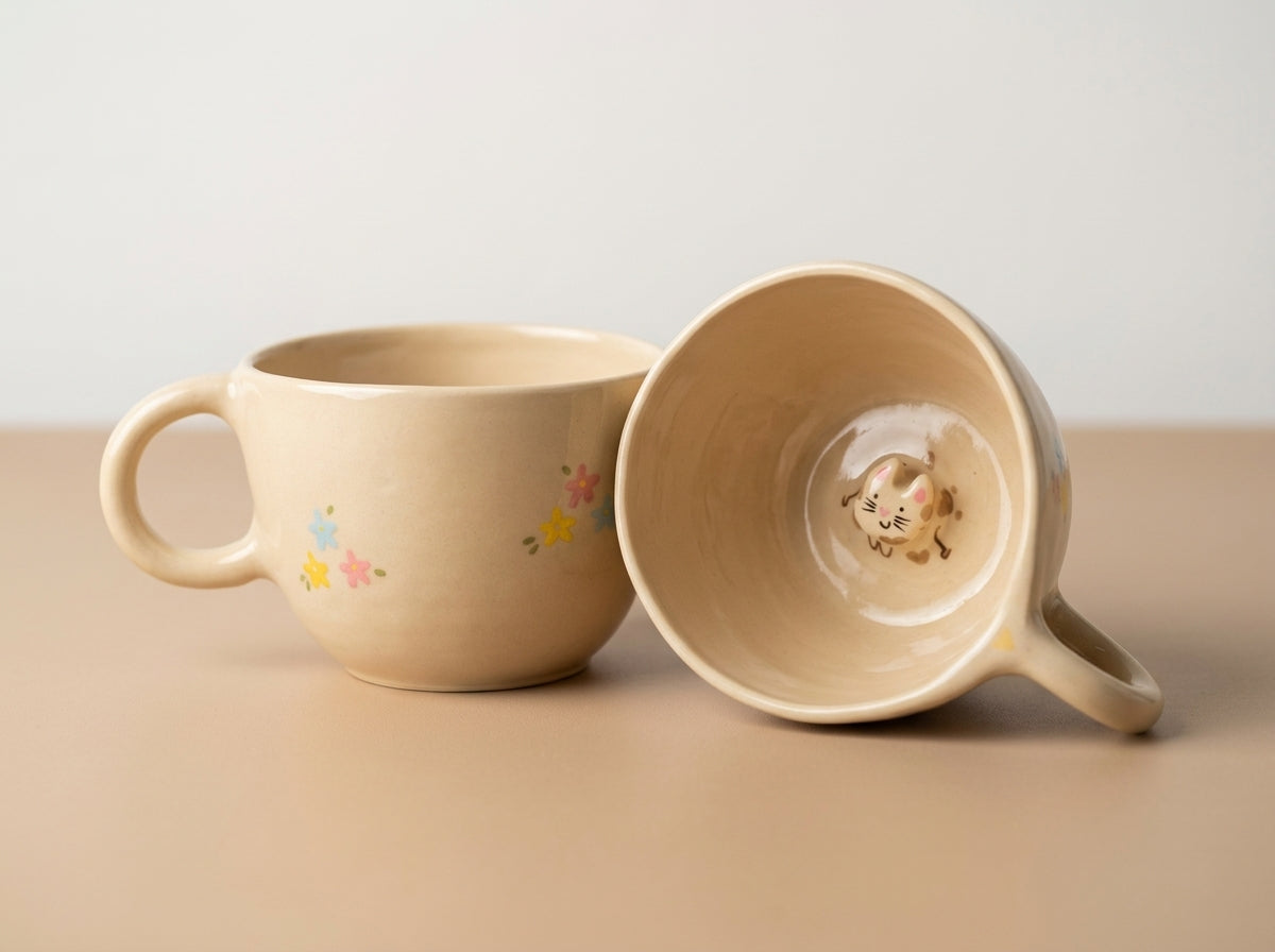Kubek ceramiczny z kotkiem na dnie