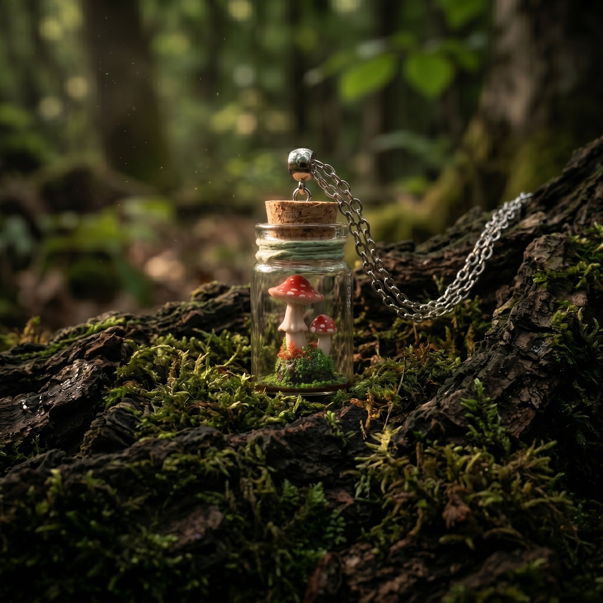 Naszyjnik z miniaturowymi muchomorami w buteleczce - ręcznie robiony Naszyjniki