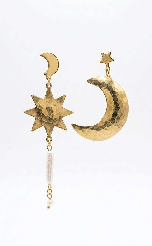 Kolczyki asymetryczne Księżyc i Gwiazda z mosiądzu i pereł Kolczyki