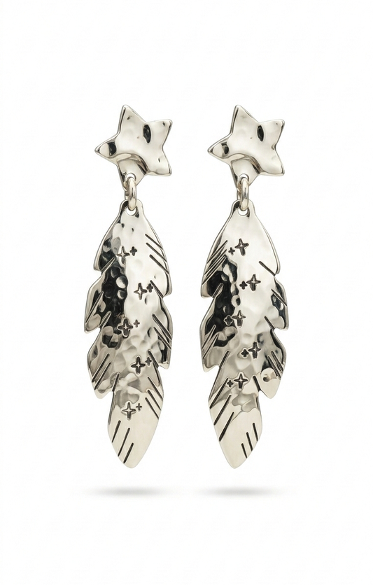 Kolczyki Gwiazdy i Pióra z melchioru ze stalowymi sztyftami Kolczyki