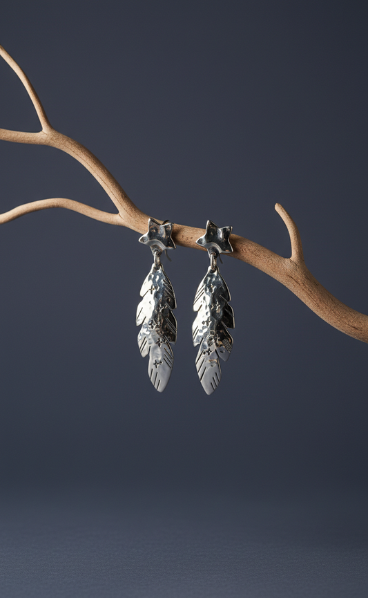 Kolczyki Gwiazdy i Pióra z melchioru ze stalowymi sztyftami