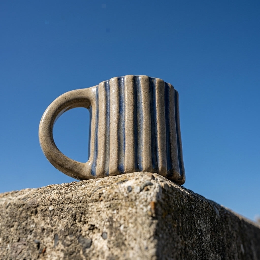Kubek ceramiczny z pionowymi żebrami i niebieskim szkliwem Kubek ceramiczny