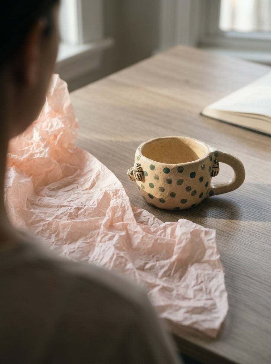 Kubek ceramiczny w zielone grochy ze stonką
