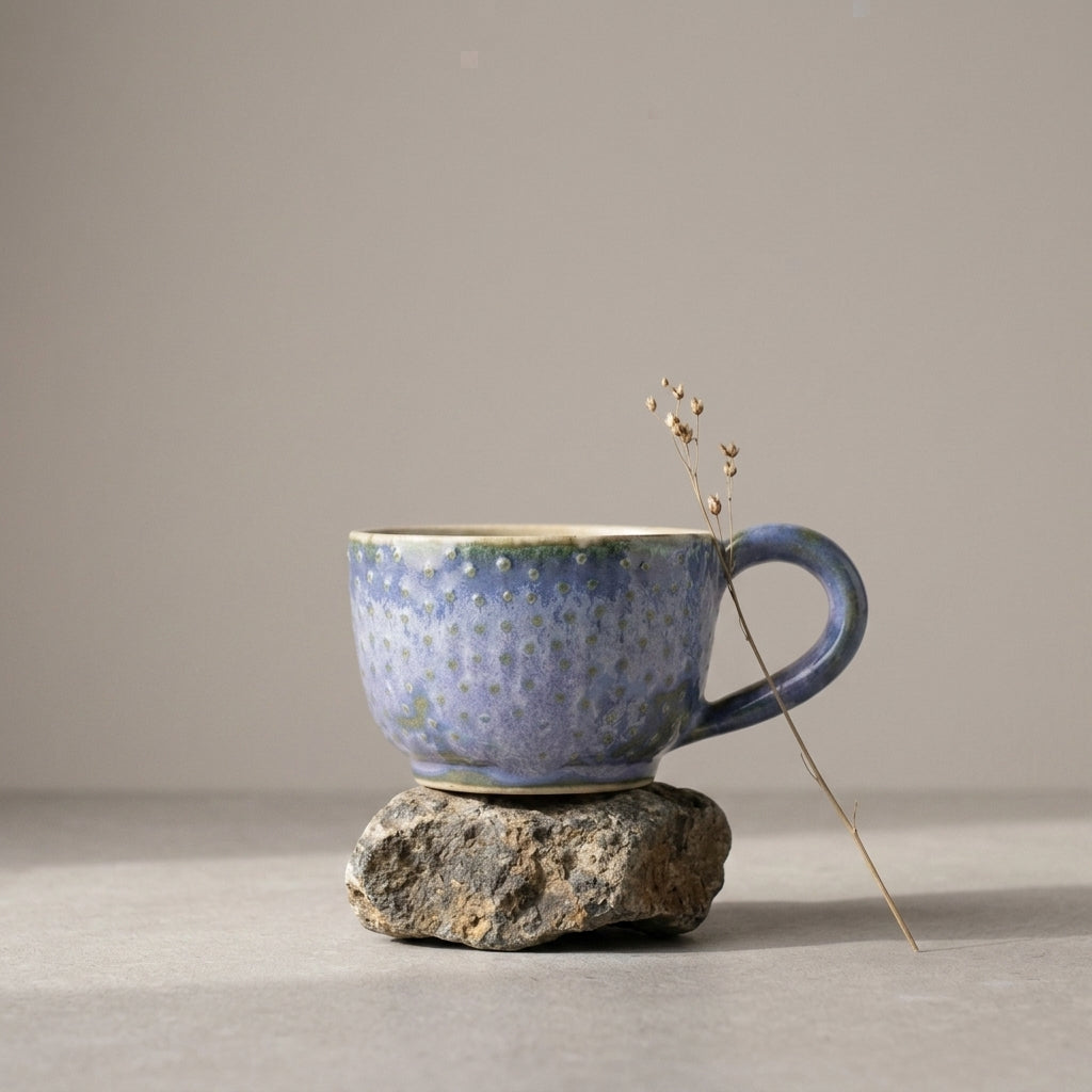 Filiżanka ceramiczna z wypukłymi kropkami – ciemnoniebieska