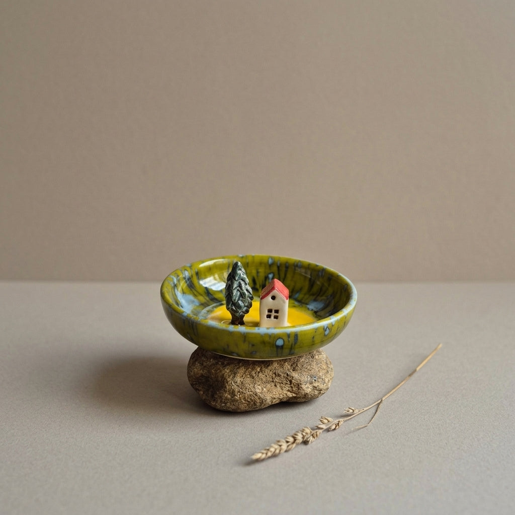 Ceramiczna miseczka na biżuterię – oliwkowo-żółta z domkiem Ceramika