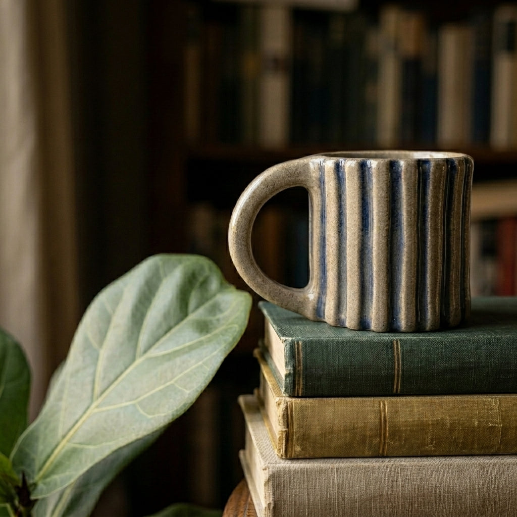 Kubek ceramiczny z pionowymi żebrami i niebieskim szkliwem Kubek ceramiczny