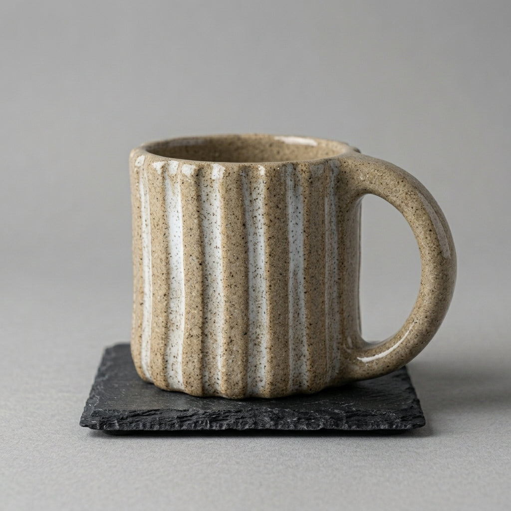 Kubek ceramiczny z pionowymi żebrami i białym szkliwem