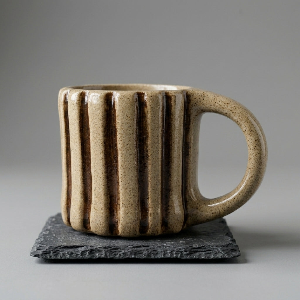 Kubek ceramiczny z pionowymi żebrami i ciemnobrązowym szkliwem