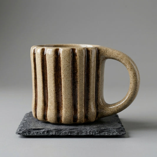 Kubek ceramiczny z pionowymi żebrami i ciemnobrązowym szkliwem