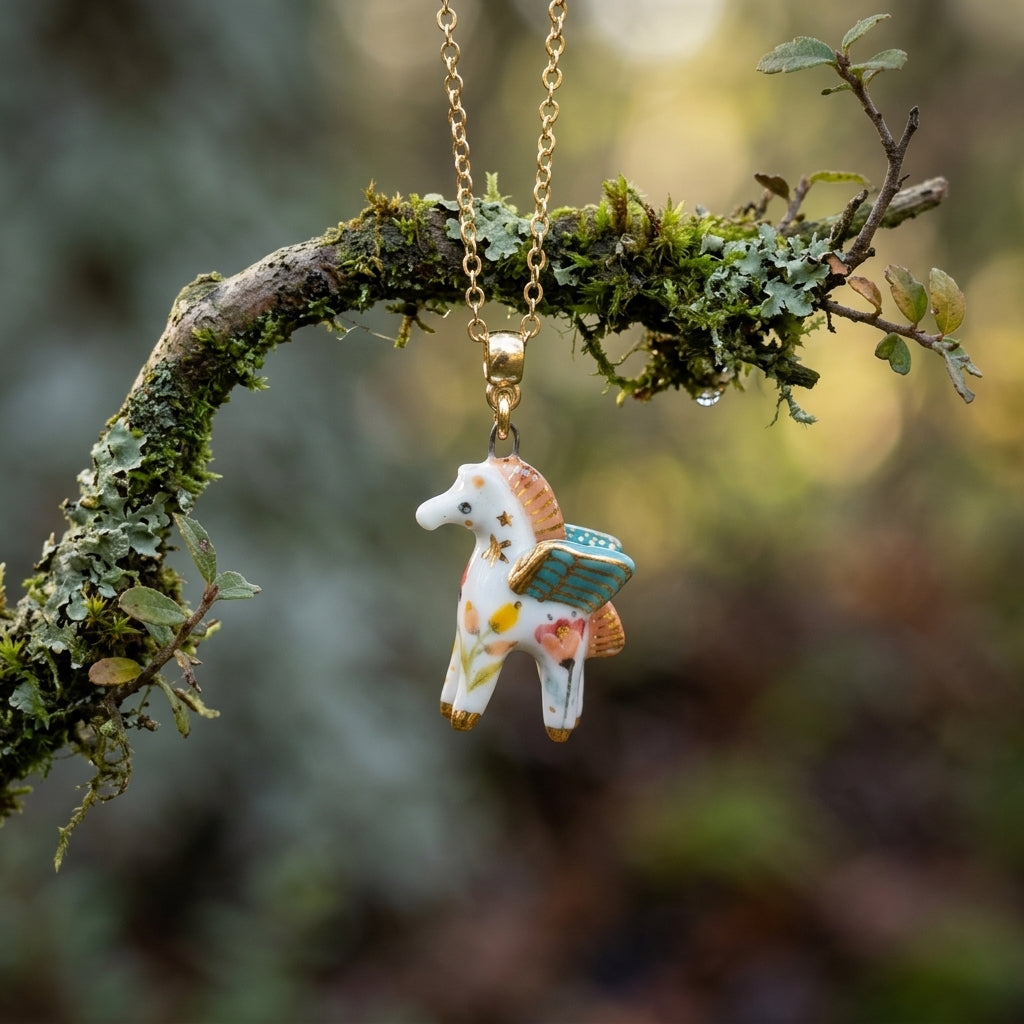 Naszyjnik z porcelanowym Pegazem – ręczna robota, złoto na porcelanie Biżuteria