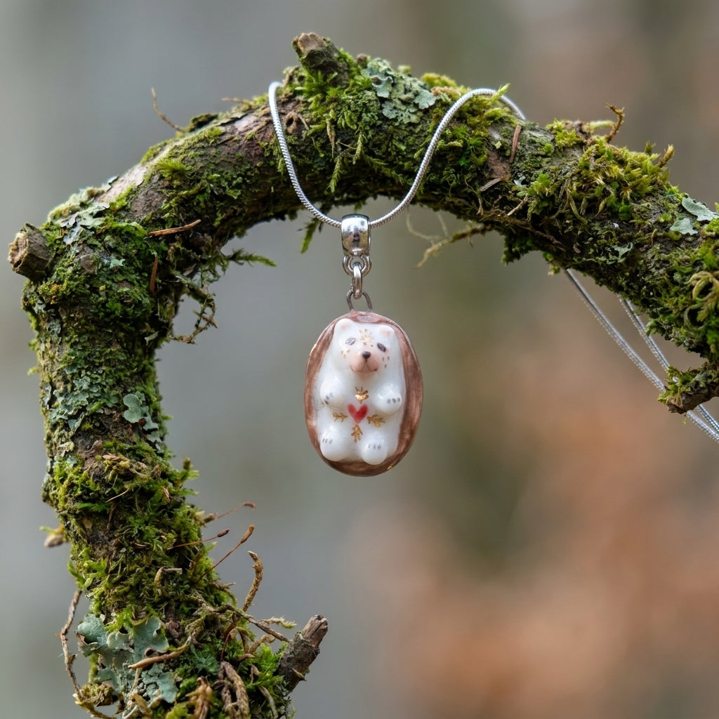 Naszyjnik z porcelanowym jeżem – ręczna robota, złoto na porcelanie Biżuteria