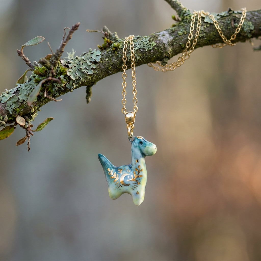 Naszyjnik z porcelanowym dinozaurem – ręczna robota, złoto na porcelanie Biżuteria
