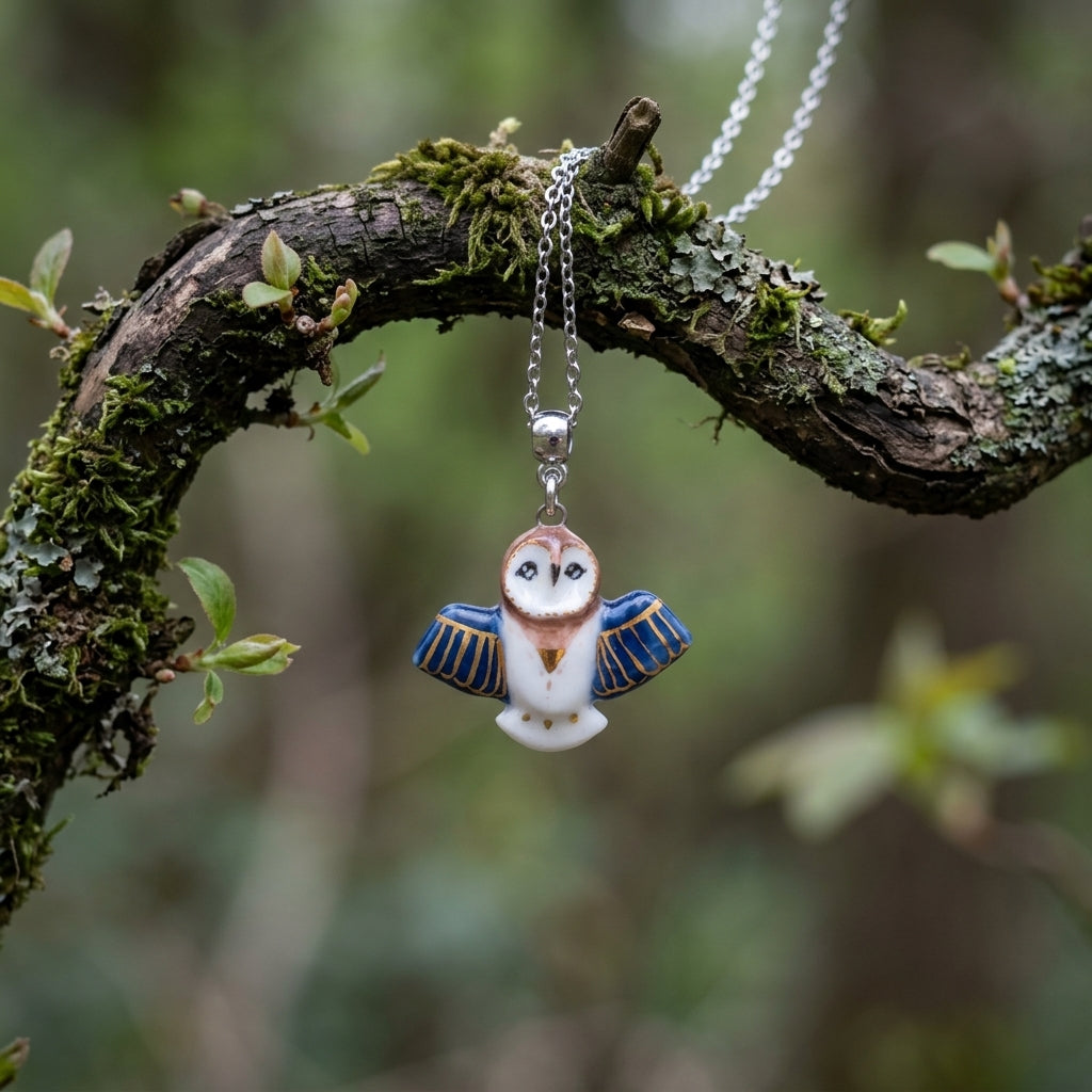 Naszyjnik z porcelanową sową – ręczna robota, złoto na porcelanie Biżuteria