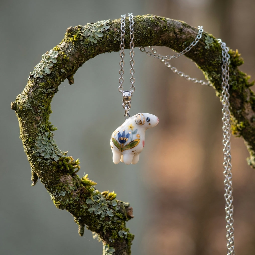 Naszyjnik z porcelanową owieczką w kwiaty – ręczna robota