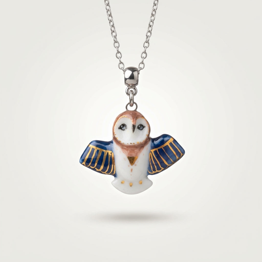 Naszyjnik z porcelanową sową – ręczna robota, złoto na porcelanie Biżuteria