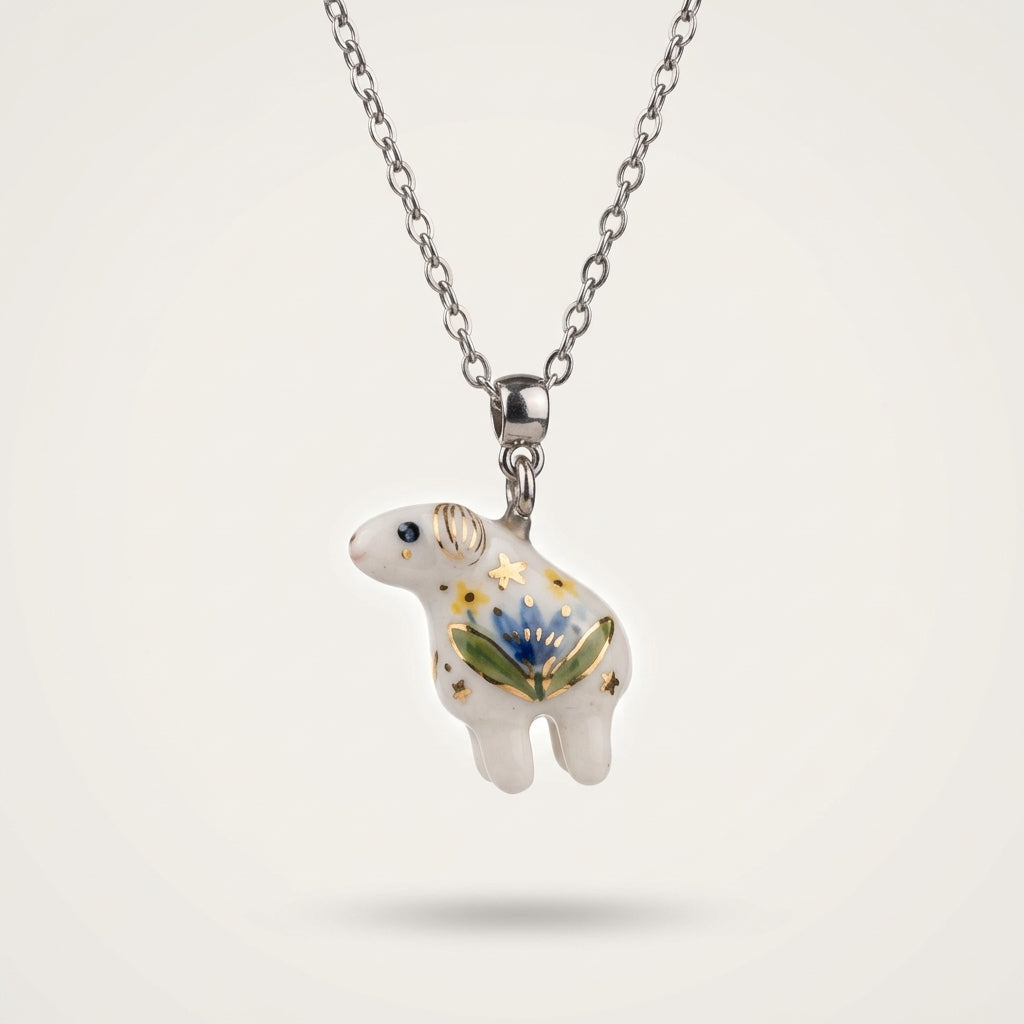 Naszyjnik z porcelanową owieczką w kwiaty – ręczna robota