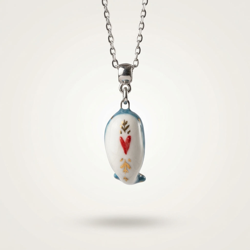 Naszyjnik z porcelanowym wielorybem – ręczna robota, złoto na porcelanie