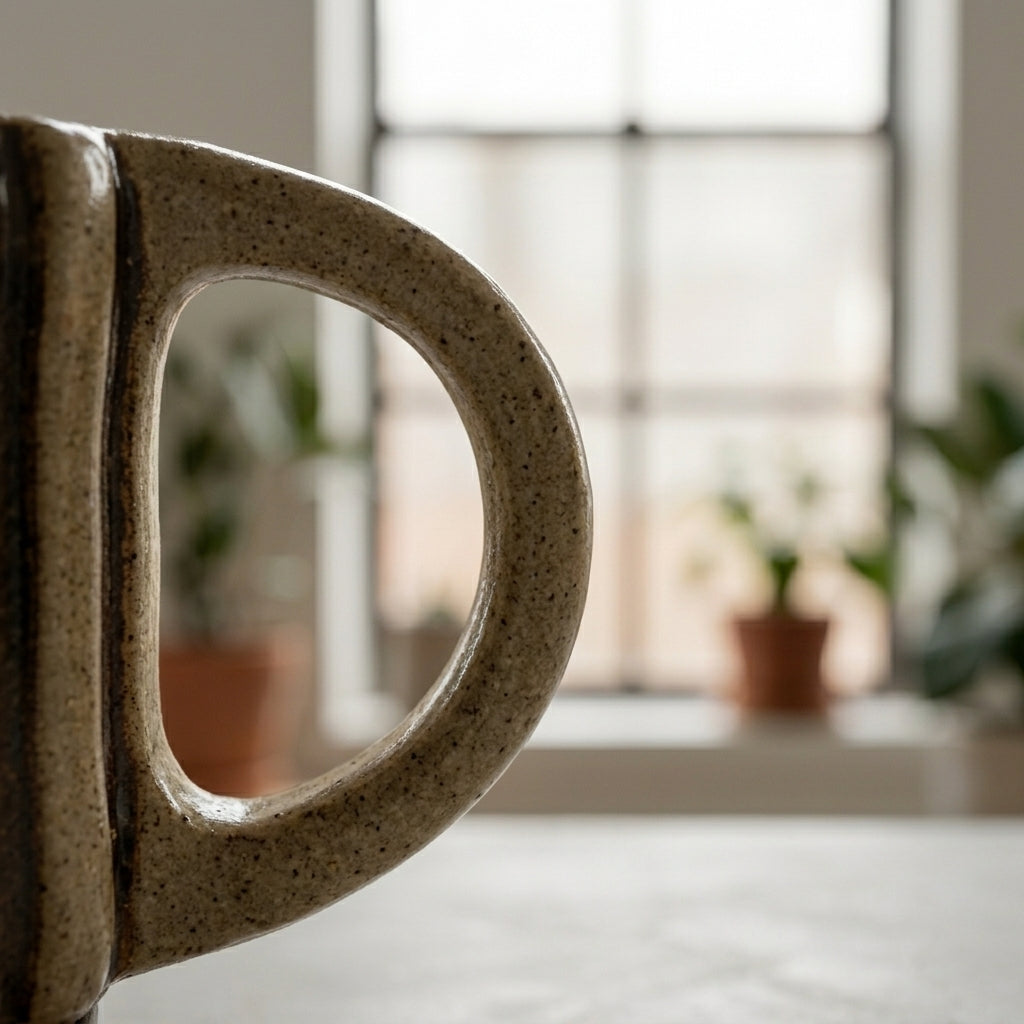 Kubek ceramiczny z pionowymi żebrami i ciemnobrązowym szkliwem