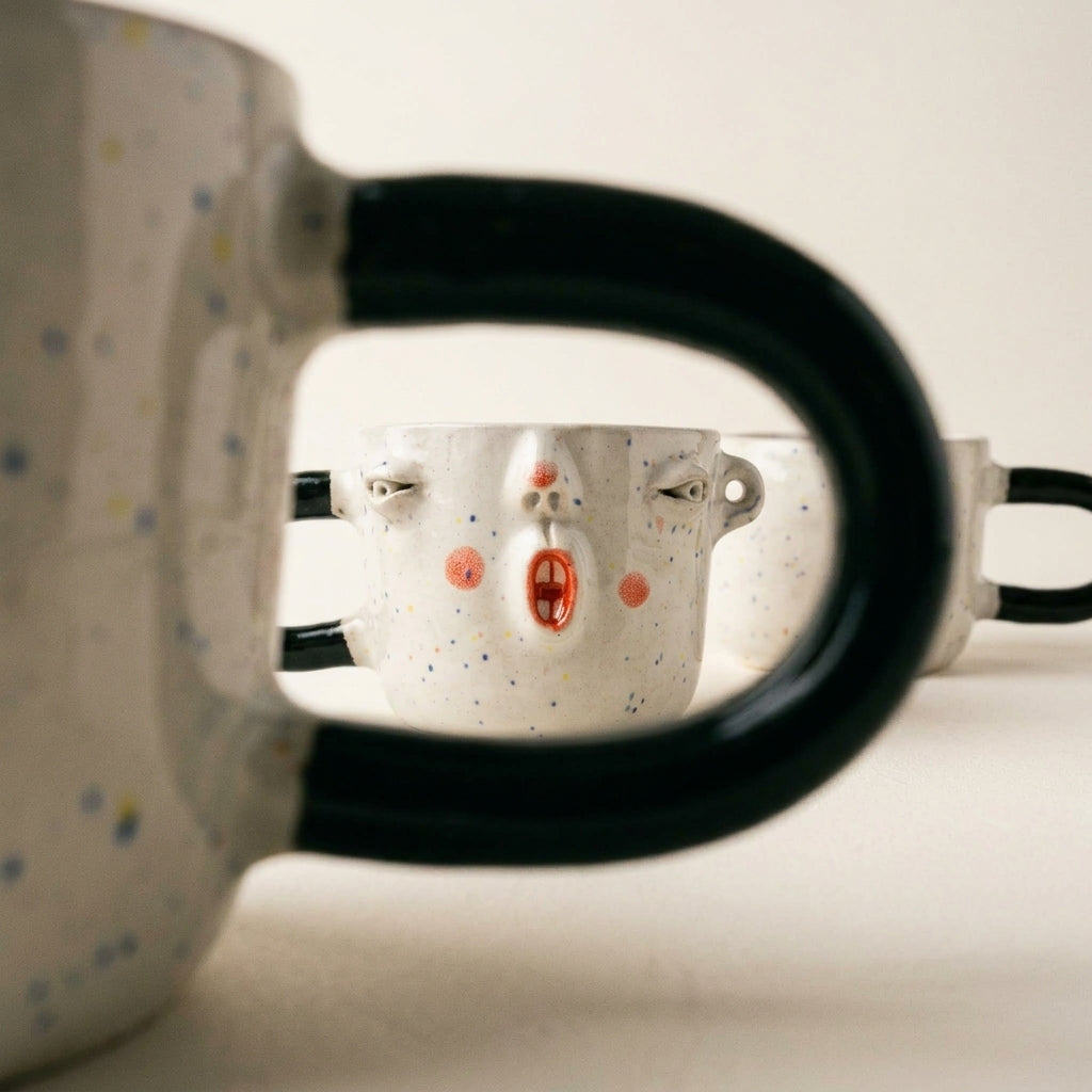 Ceramic mug with a face – cream glaze, pink cheeks