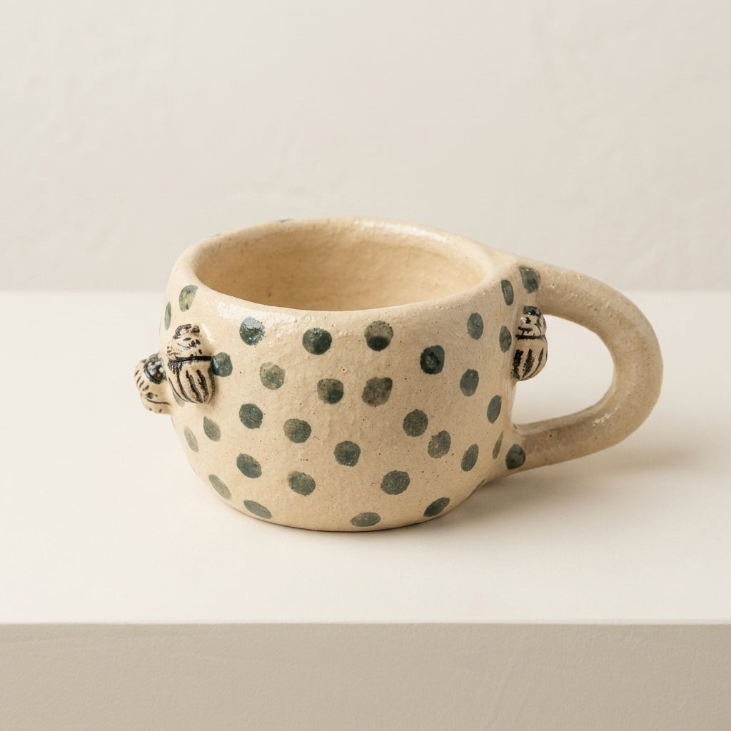 Kubek ceramiczny w zielone grochy ze stonką