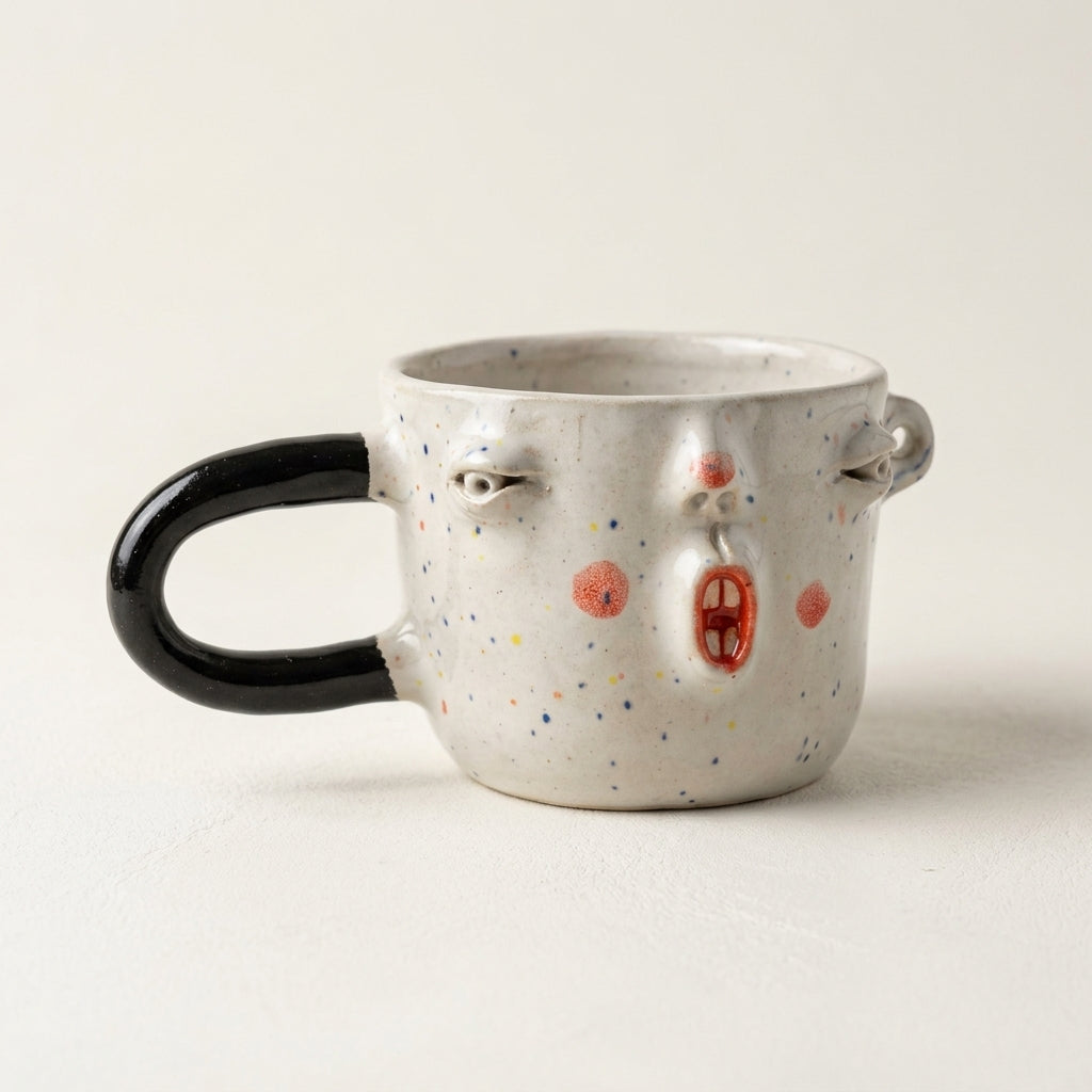 Ceramic mug with a face – cream glaze, pink cheeks
