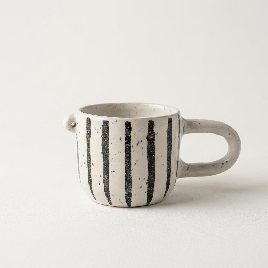 Ceramic mug with a face – white glaze, black handle and stripes