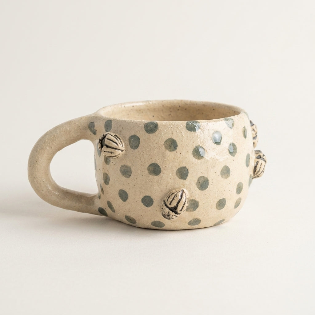 Kubek ceramiczny w zielone grochy ze stonką
