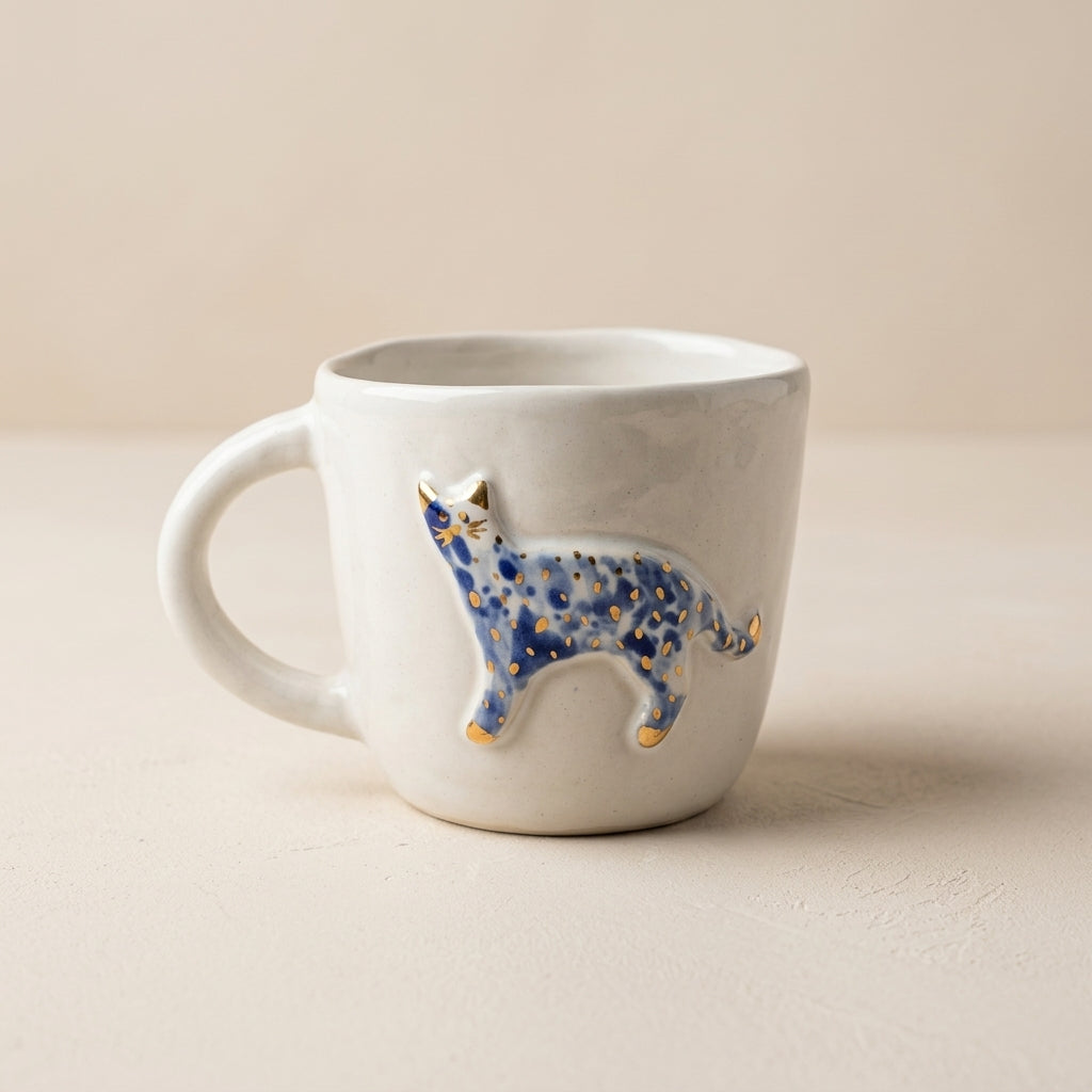 Kubek ceramiczny z kotkiem – niebiesko-złote zdobienie Ceramika