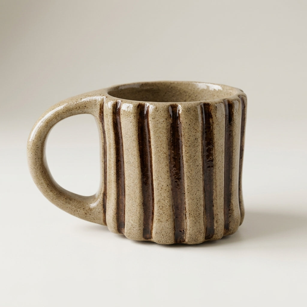Kubek ceramiczny z pionowymi żebrami i ciemnobrązowym szkliwem