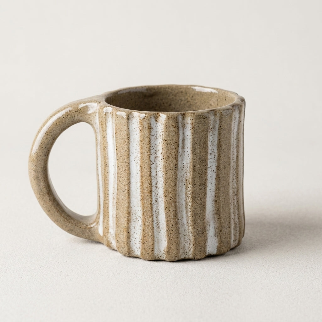 Kubek ceramiczny z pionowymi żebrami i białym szkliwem