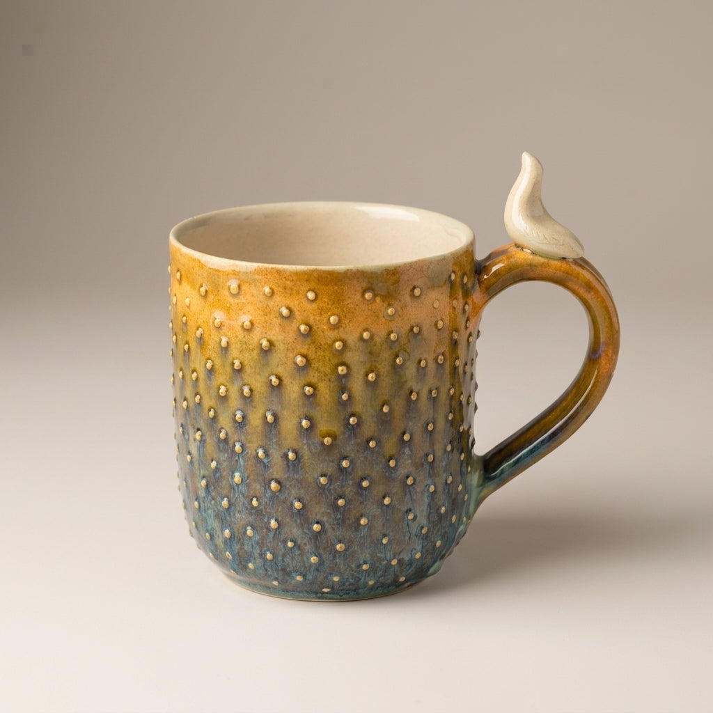 Kubek ceramiczny z wypukłymi kropkami i figurką ptaszka