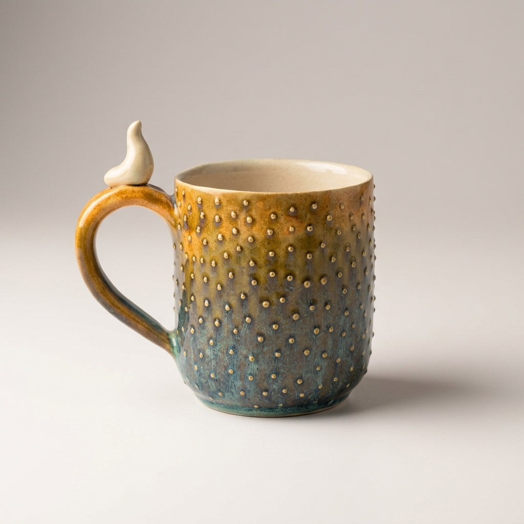 Kubek ceramiczny z wypukłymi kropkami i figurką ptaszka