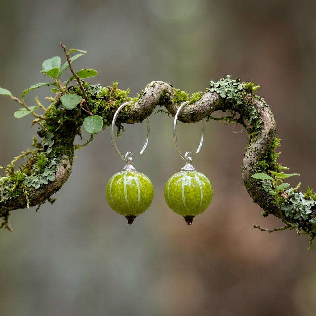 Kolczyki szklane Agrest – autorski lampwork na gałązce z mchem