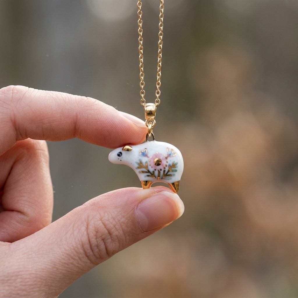 Naszyjnik z porcelanową oweczką – ręczna robota, złoto na porcelanie Biżuteria