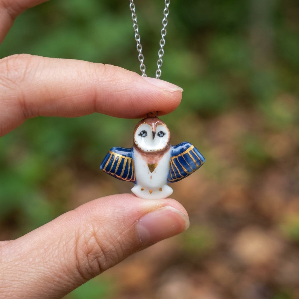 Naszyjnik z porcelanową sową – ręczna robota, złoto na porcelanie Biżuteria