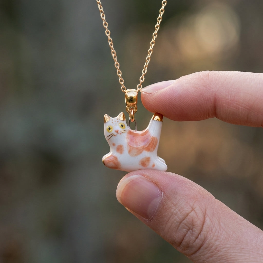 Naszyjnik z porcelanowym kotkiem – ręczna robota, złoto na porcelanie Biżuteria