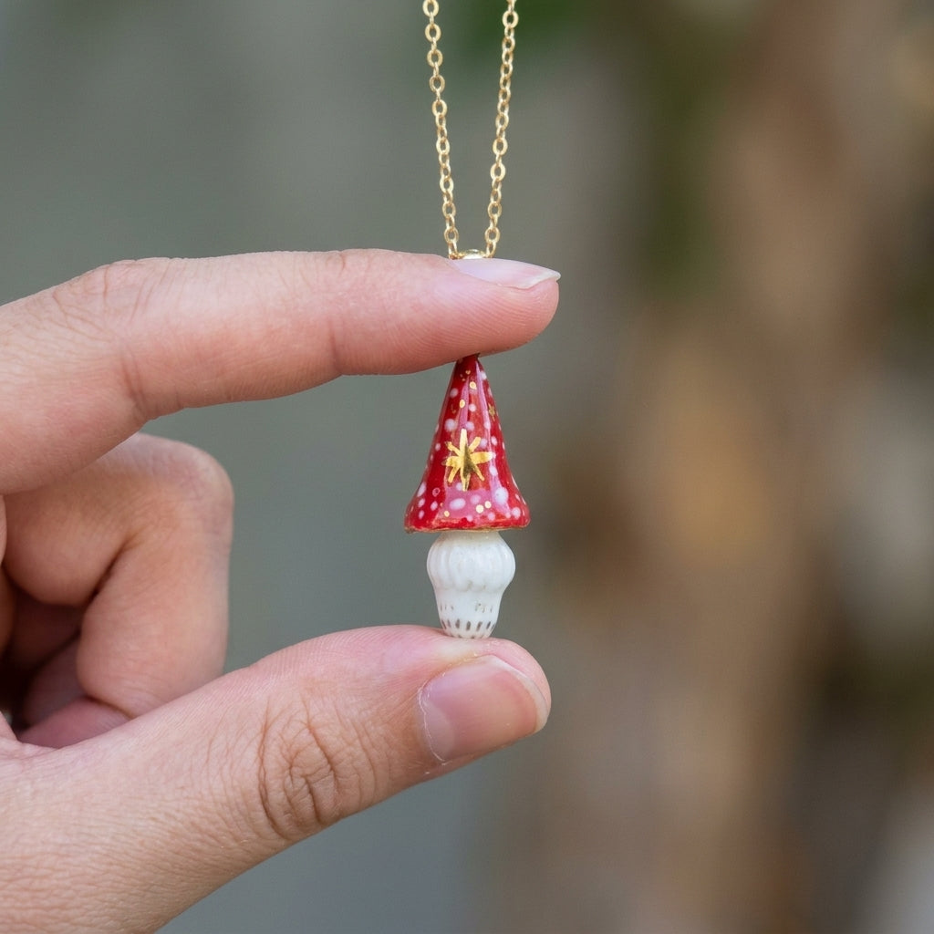 Naszyjnik z porcelanowym muchomorem – ręczna robota, złoto na porcelanie Biżuteria
