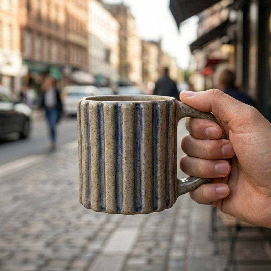 Kubek ceramiczny z pionowymi żebrami i niebieskim szkliwem Kubek ceramiczny