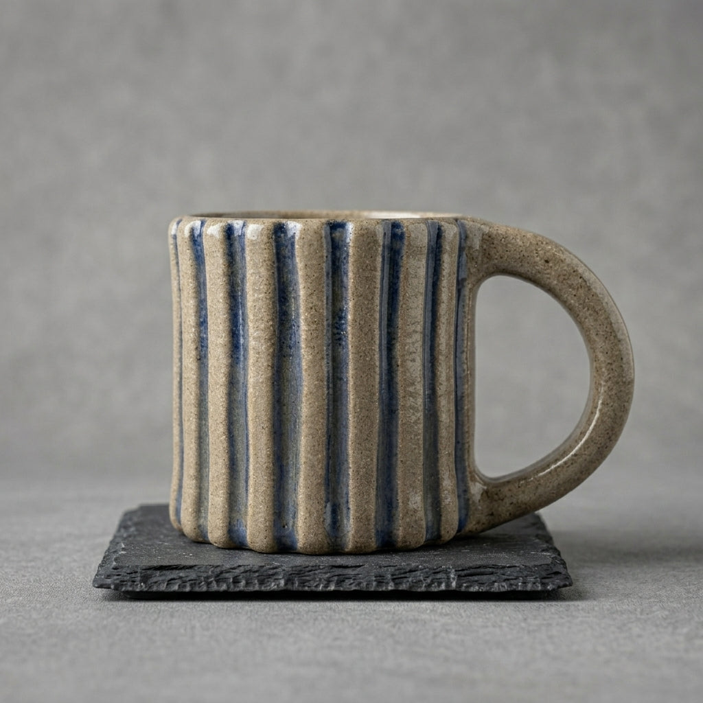 Kubek ceramiczny z pionowymi żebrami i niebieskim szkliwem Kubek ceramiczny