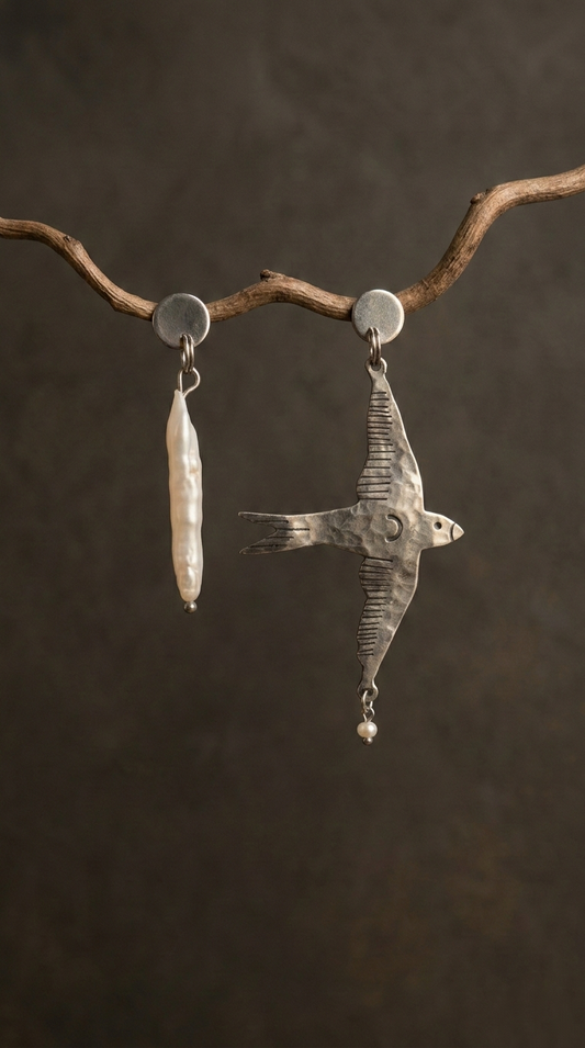 Kolczyki asymetryczne Jaskółka i Perły z melchioru ze stalowymi sztyftami