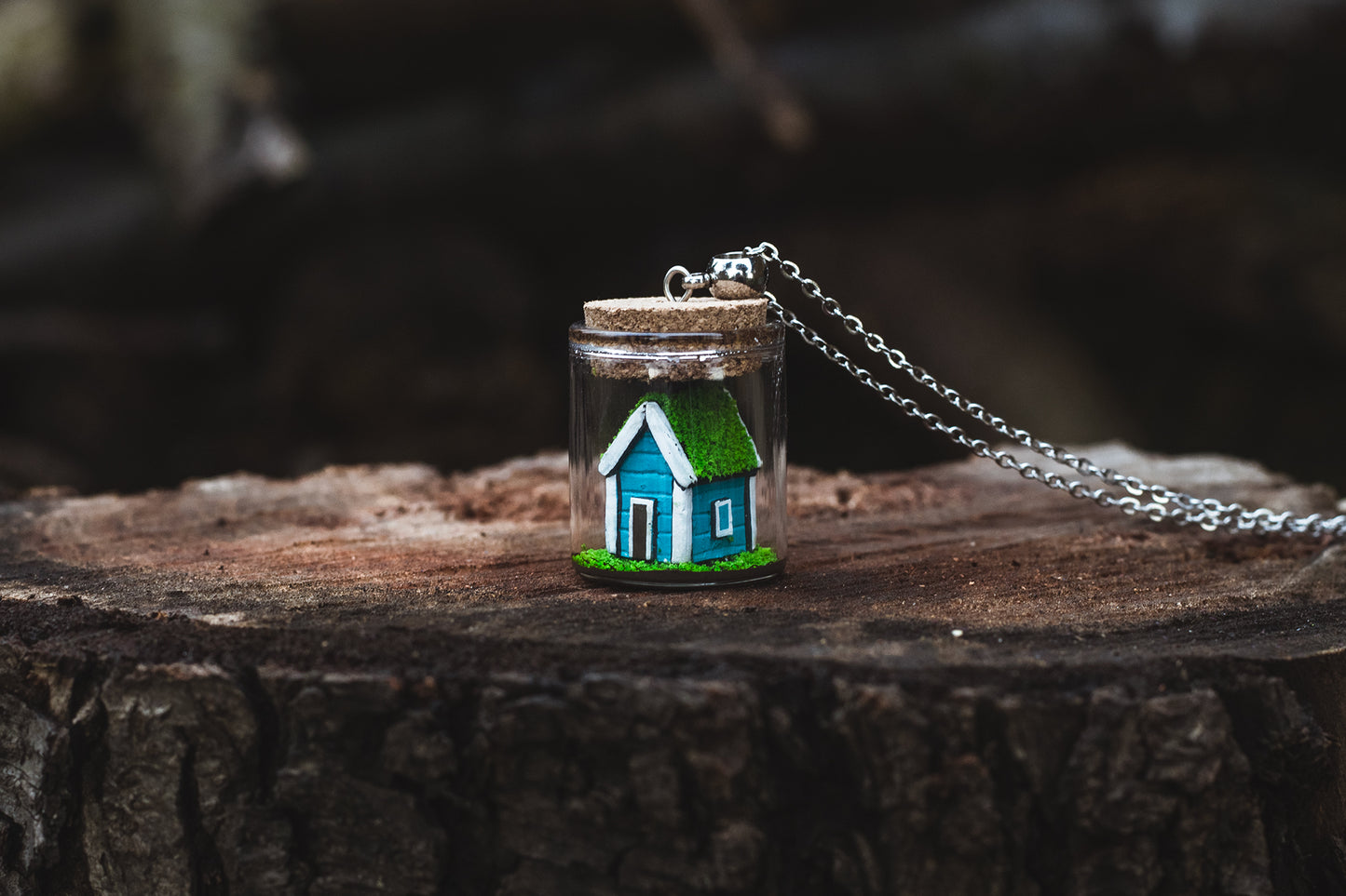 Necklace with miniature house in a bottle - handmade