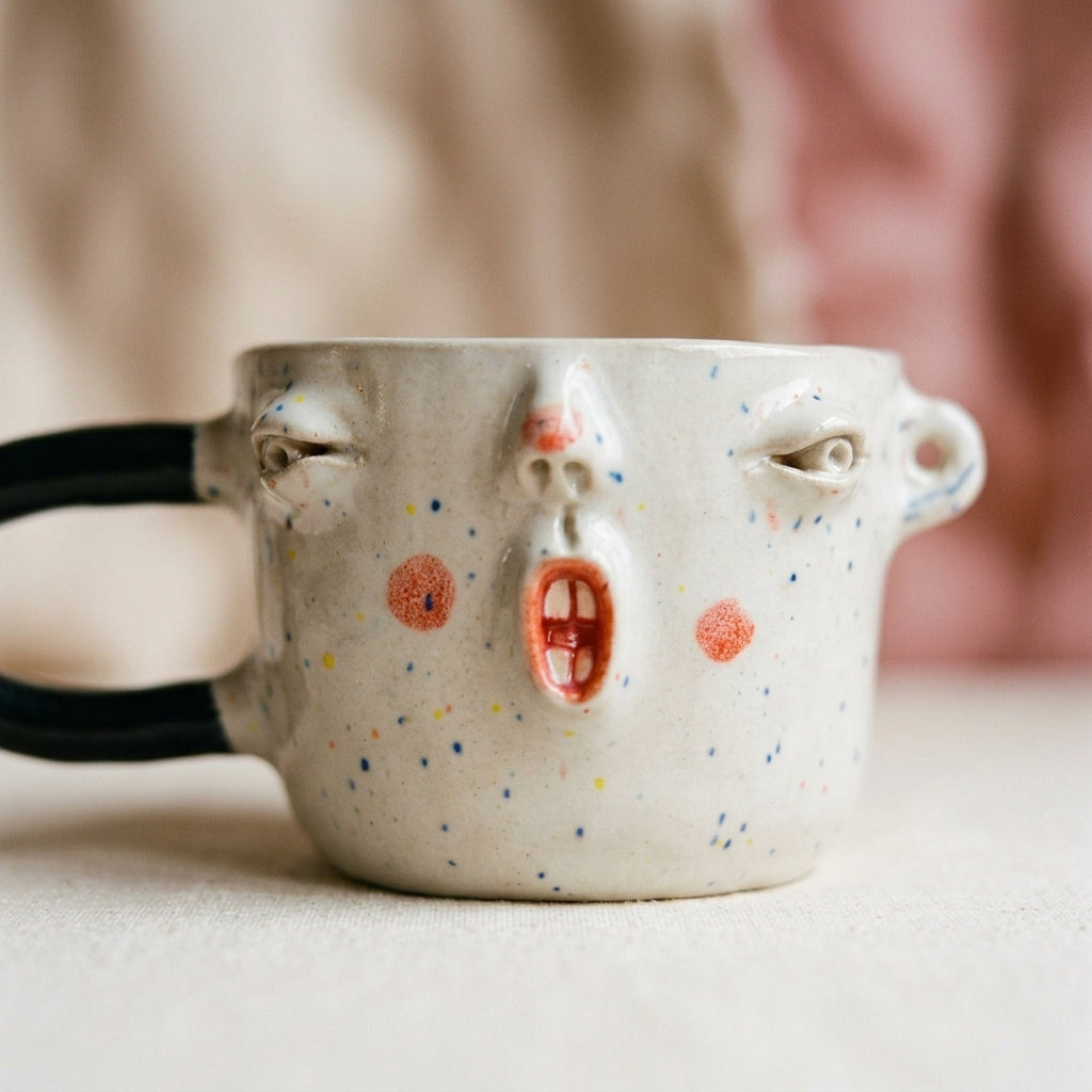 Ceramic mug with a face – cream glaze, pink cheeks